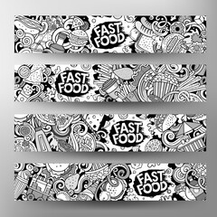 Fastfood doodle banners set. Cartoon detailed flyers.