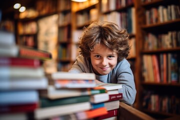 A child looking attentively at the books in a bookstore, interested in reading. School boy choosing book in school library. Learning from books. Back to school concept.