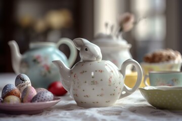 A teapot and an Easter bunny in the background with eggs. Generative AI