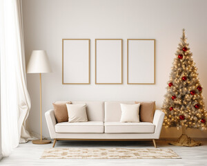 set of 3 frame mockups, for xmas, christmas concept interior design, set of 3 hollow frames for wall art in an elegant living room, 3d rendering