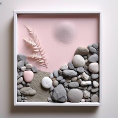 a tranquil Zen garden where a wall of rocks, in serene shades of gray, white, and pale pink