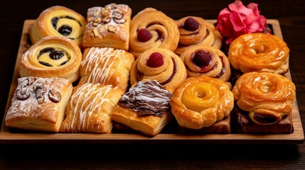 Obraz na płótnie Canvas a tray of Danish pastries, their flaky and buttery layers beautifully arranged and adorned with various fillings like sweet fruits, creamy cheese, or rich chocolate