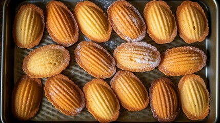 a tray of madeleines fresh out of the oven, their scalloped shells golden and fragrant