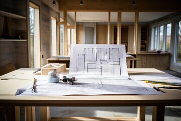 The blueprints on a worktable during the renovation in a house that’s under construction. Residence construction in progress.