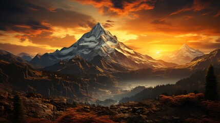 Stunning view of a mountain peak during autumn, bathed in the warm golden light of the setting sun. Perfect for nature and landscape enthusiasts - Powered by Adobe