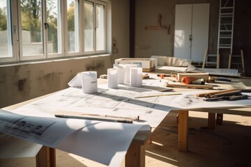 The blueprints on a worktable during the renovation in a house that’s under construction. Residence construction in progress.