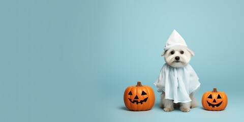 A dog in a ghost costume with Halloween pumpkins, Banner, copy space