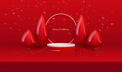 Red background with podium, 3d geometric realistic glossy trees and white ring in Christmas design. Holiday merry x-mas scene for display or present product for sale. Confetti celebration vector.