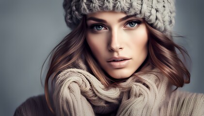 Sensual young model woman posing in outdoor winter scene. Female wearing warm clothes in fashion pose. Autumn winter collection. - obrazy, fototapety, plakaty