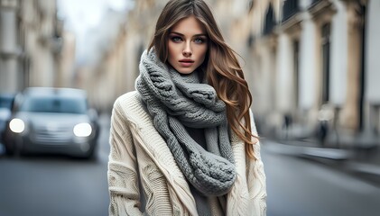 Sensual young model woman posing in outdoor winter scene. Female wearing warm clothes in fashion pose. Autumn winter collection.