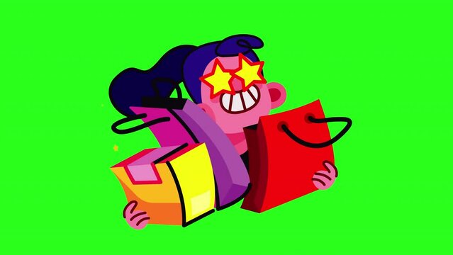 animation of excited girl hugging shopping bags