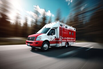 An ambulance racing down the highway. Image with motion blur to give a sense of high speed action and urgency. Great for stories about medical emergencies,  disasters, public health and more. 