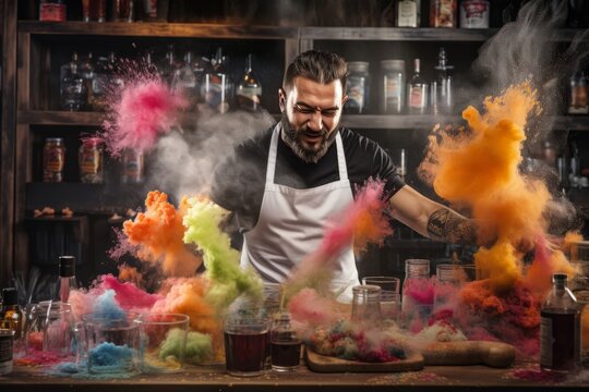 Skilled Bartender Creating a Molecular Cocktail with Cutting-Edge Ingredients and Techniques