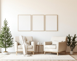 set of 3 frame mockups, for xmas, christmas concept interior design, set of 3 hollow frames for wall art in an elegant living room, 3d rendering