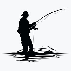 fisherman caught a fish silhouette. AI Generated