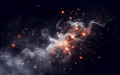 Smoke and fire background Sparks Eruption of sparks White smoke on a black background