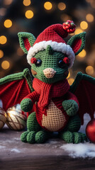 Knitted christmas dragon toy ornament. Gift for New Year 2024. Aspect ratio 9:16