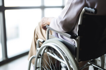 Close up of older woman sitting in wheelchair near window taken care of in hospital, older people disability rehab healthcare concept, elderly healthcare concept - obrazy, fototapety, plakaty
