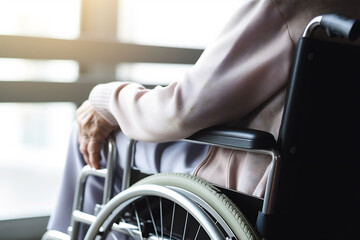 Close up of older woman sitting in wheelchair near window taken care of in hospital, older people disability rehab healthcare concept, elderly healthcare concept - obrazy, fototapety, plakaty