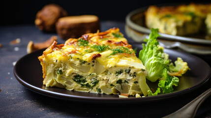 Vegan savoy cabbage quiche gratinated with almond. - obrazy, fototapety, plakaty