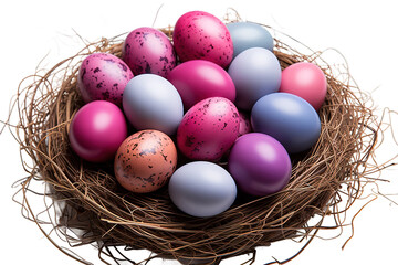Fototapeta premium Colorful easter eggs in basket on wooden table. Top view with copy space isolated on a Transparent background. Generative AI