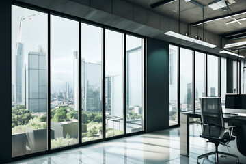 Fototapeta premium office with glass walls and large windows. spacious office space with panoramic windows and glass walls. business interior office buildings concept