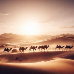 Fototapeta na wymiar camels in the desert caravan background