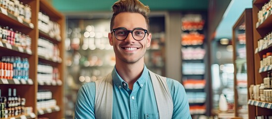 The young adult man visited the optical shop to buy medicine for his eye treatment making him happy and ensuring his healthcare and vision care needs are met at the store specializing in opt