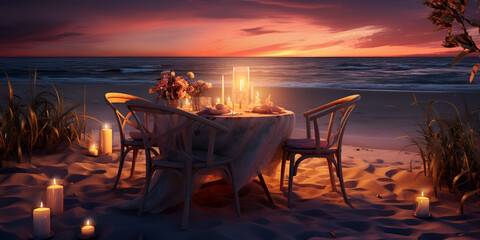 Fototapeta na wymiar sunset on the beach, A quiet evening on the beach a table for two by the sea with fairy lights and decorative candles, Candles are lit on a table on the beach at sunset, generative AI 