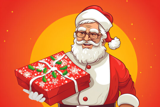 festive gift box Pizza in hands of Santa Claus, cartoon Santa pizza delivery boy, Christmas fast food delivery, New year eve promotion.