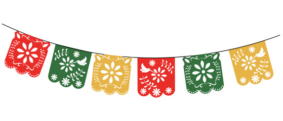 Mexican papel picado paper cut holiday flags and banners. Day of the Dead, Dia De Los Muertos and Cinco de Mayo flags with. Vector illustration. isolated on a white background. - obrazy, fototapety, plakaty