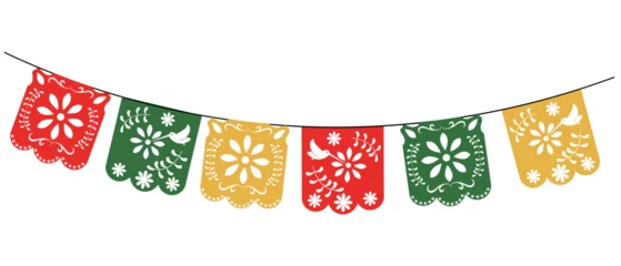 Fotobehang Mexican papel picado paper cut holiday flags and banners. Day of the Dead, Dia De Los Muertos and Cinco de Mayo flags with. Vector illustration. isolated on a white background. © Мария Василенко