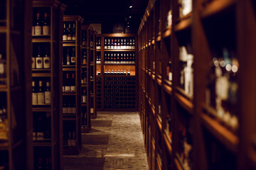 Big cellar in wine shop with wooden shelves for alcohol drinks. Long corridor of wine collection in...