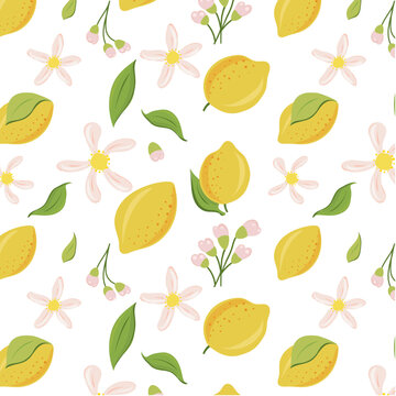 Pattern for fabric or background with yellow lemons and pink flowers. Delicate buds and light green leaves fall in the spring. Vector image.