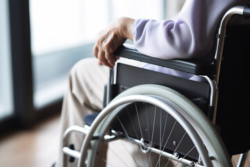 Close up of older woman sitting in wheelchair near window taken care of in hospital, older people disability rehab healthcare concept, elderly healthcare concept