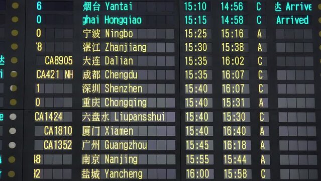 Schedule board of Chinese domestic arrivals at Beijing airport
