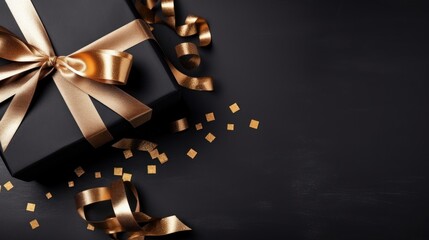 black friday, black box with a gift tied with a gold ribbon, with golden confetti. top view, copy space,