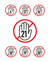 Obraz premium Age restriction vector icon set. Recommended age limit. Adults only. Vector icons