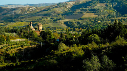 Panorama autonnale dei vigneti e calanchi del gesso nei dintorni di Brisighella, provincia di Ravenna. Emilia Romagna, Italia