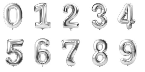 Numbers from 0 to 9 made with foil silver metalic birthday balloons - obrazy, fototapety, plakaty