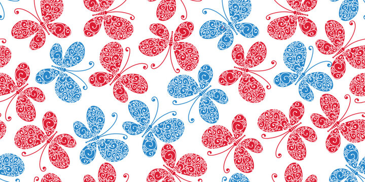 Vector two-color seamless pattern with hand-drawn red and blue butterflies on a transparent background