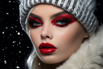 Intense Christmas make-up with strong eyes and lips in red and black, sensual and sultry, woman face