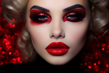 Intense Christmas make-up with strong eyes and lips in red and black, sensual and sultry, woman face
