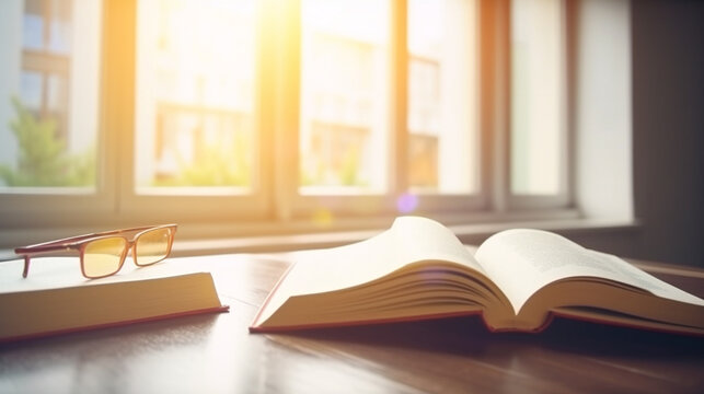 An open book lies on a table in the light of the sun. AI Generated