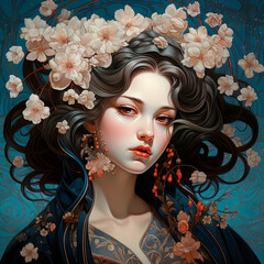 A beautiful woman geisha with flowers in her hair. Generative AI