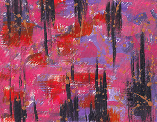 Colorful abstract art painting background. Pink, red, purple, and black brush stoke paint. Contemporary paint splash backdrop. 