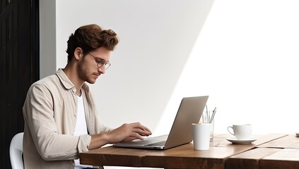 Businessman working on laptop in office background.