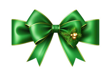 Green ribbon and bow with christmas theme isolated against transparent white background PNG