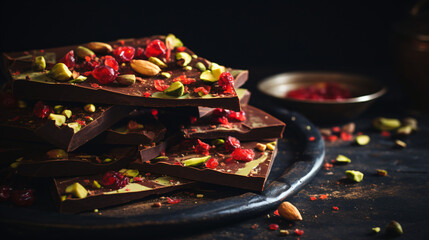 Homemade chocolate bark with goji berries and pistachio