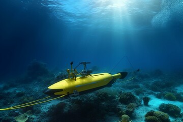 AUV rover-drone examines submarine internet cable on seabed in ocean (3D illustration). Generative AI